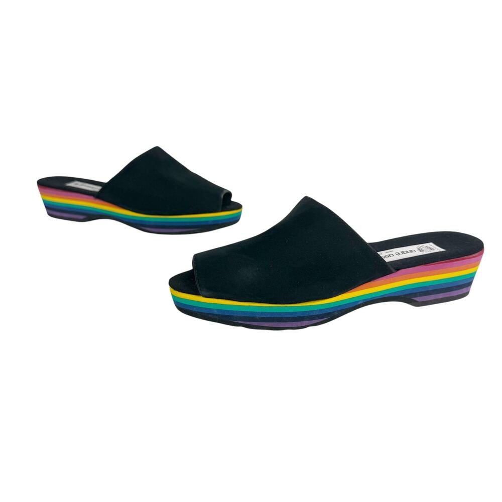 Andre Assous Rainbow Wedge Slide Sandals Black Leather Foam Pride Sz 10